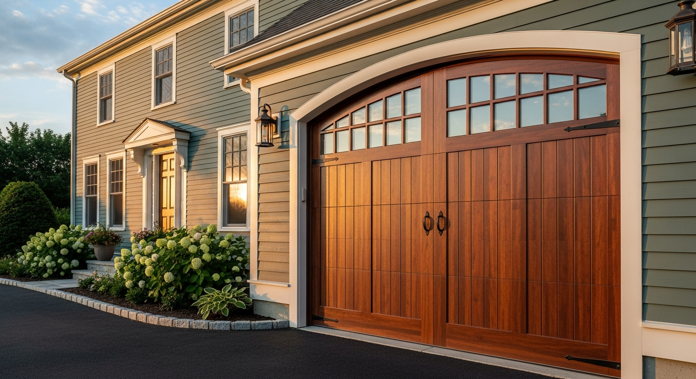 Carriage house style garage door with decorative hardware and rustic wood appearance