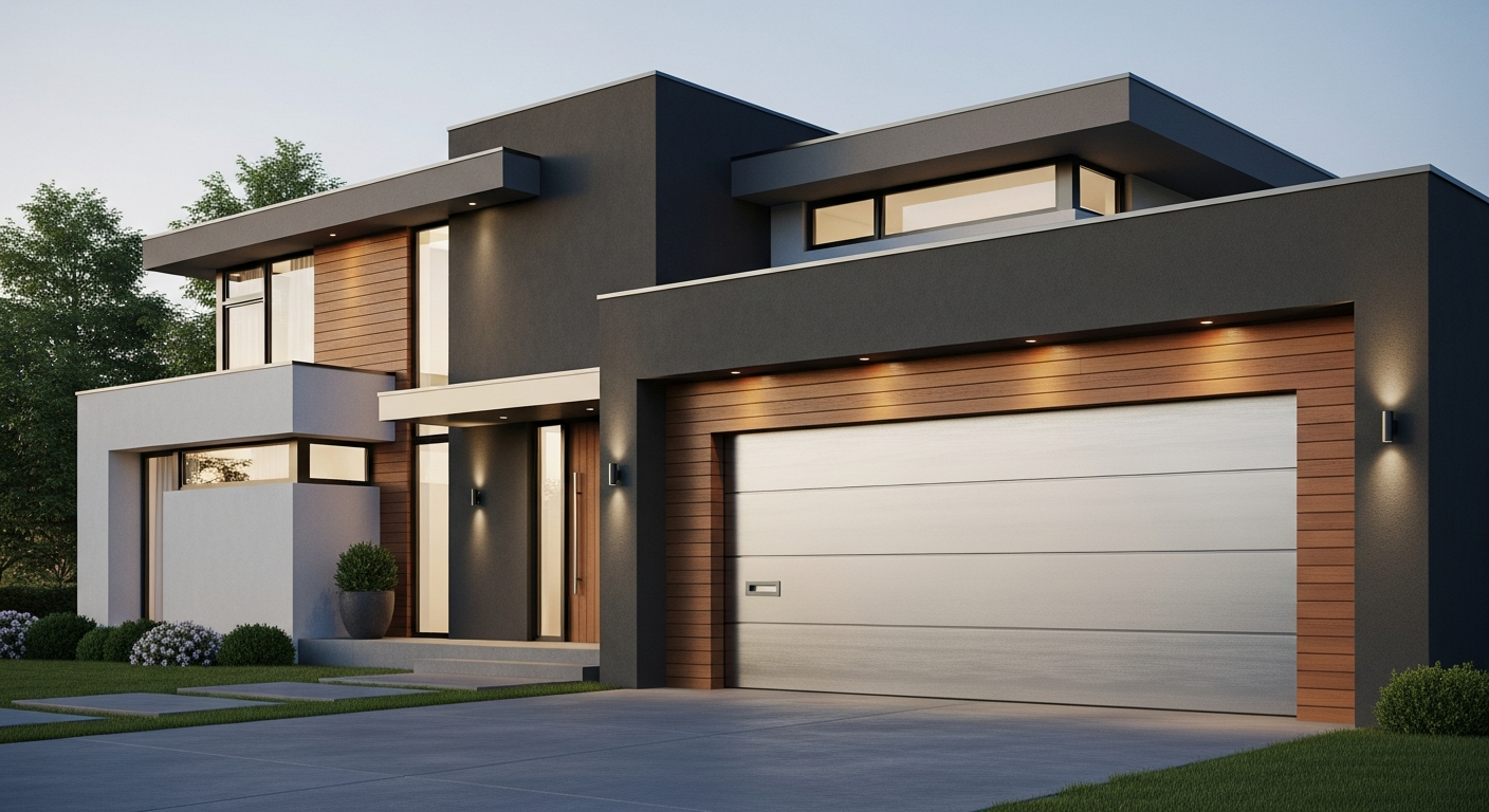 Contemporary modern garage door with sleek horizontal lines and aluminum finish