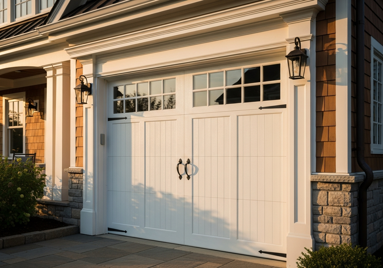 Craftsman style garage door with decorative hinges, handles, and subtle wood texture
