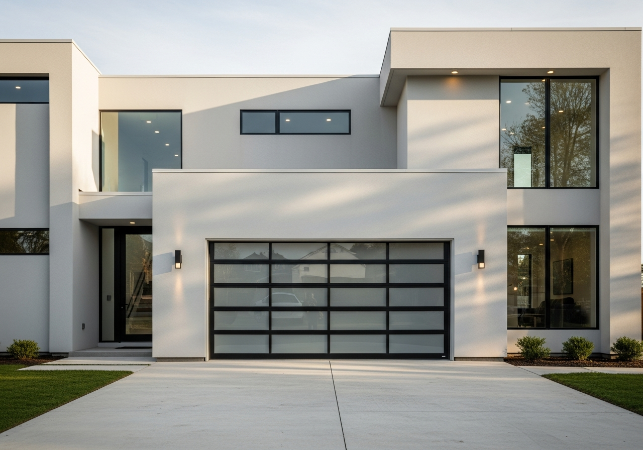 Full view glass garage door with black aluminum frame and clear glass panels