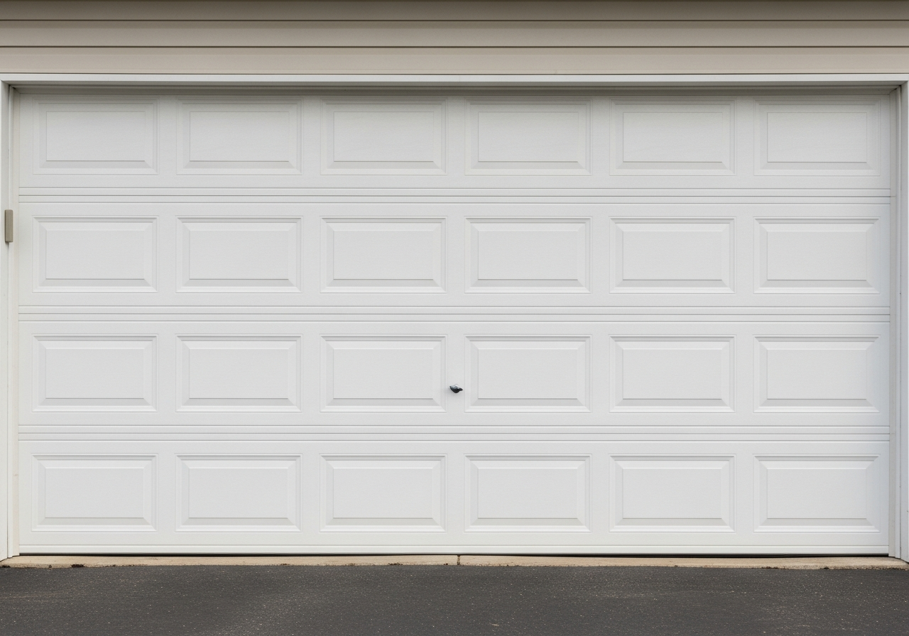 Standard raised panel garage door with symmetrical rectangular panels on a suburban home