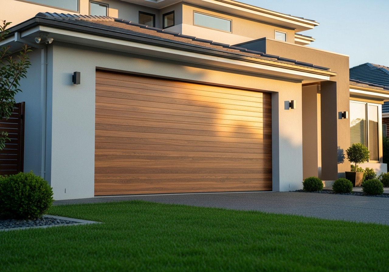 Wood plank style garage door with horizontal cedar grain planks on a contemporary home